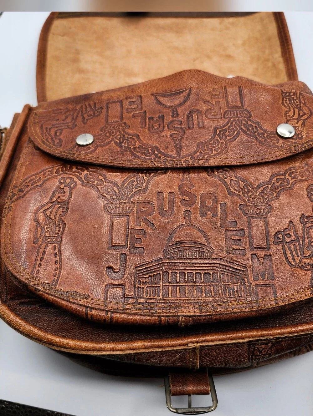 Jerusalem Embossed Leather Crossbody Vintage Bag Brown Handmade Handtooled - Picture 6 of 9